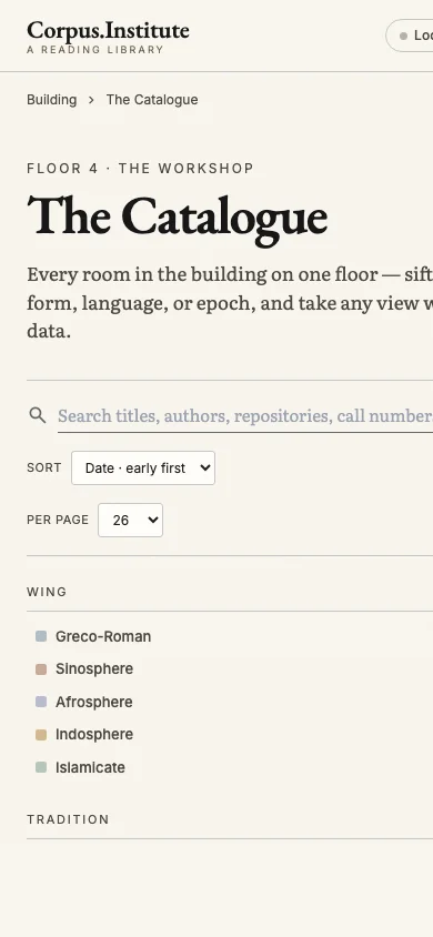The corpus.institute catalogue: every room, faceted and filterable.