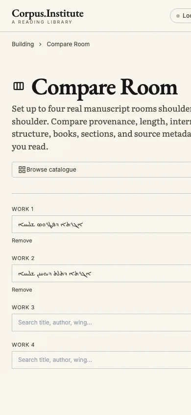 The corpus.institute comparison view, showing manuscripts placed side by side for reading.