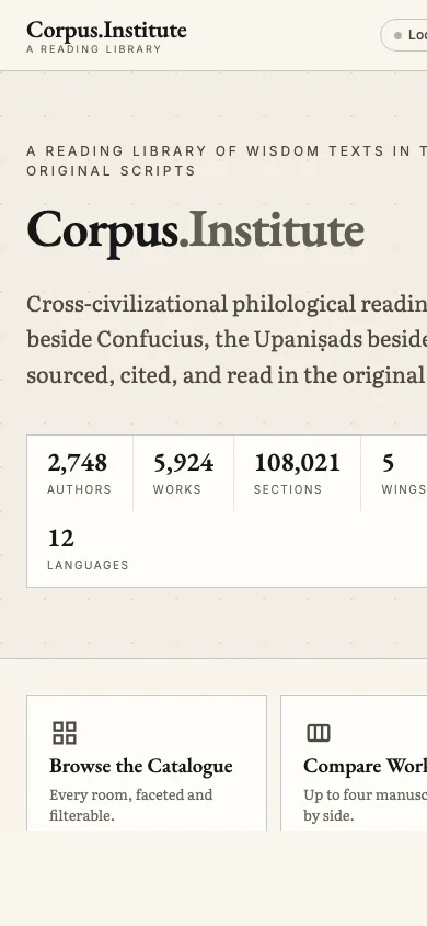 The corpus.institute homepage: the wordmark, a one-line description, and a bar of counted figures — 2,748 authors, 5,924 works, 108,021 sections, 5 wings, 12 languages.