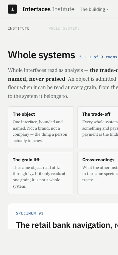 The published analysis at interfaces.institute: the specimen header stating the two markets, the independence declaration, the source and the method, followed by the named trade-off.
