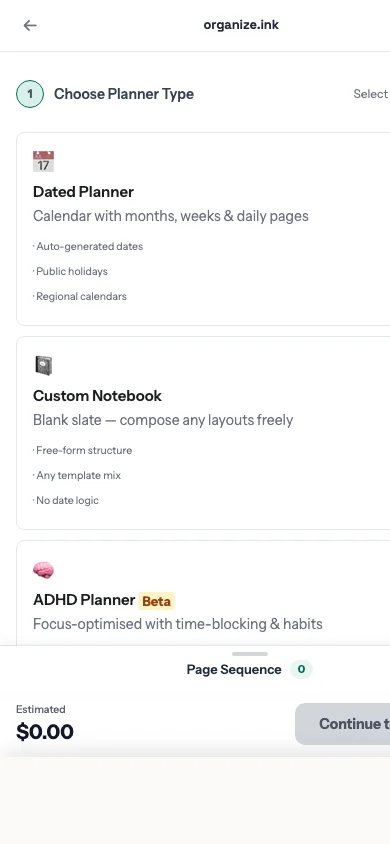 The organize.ink builder: the configurator where a buyer selects device, dates, language and jurisdiction.
