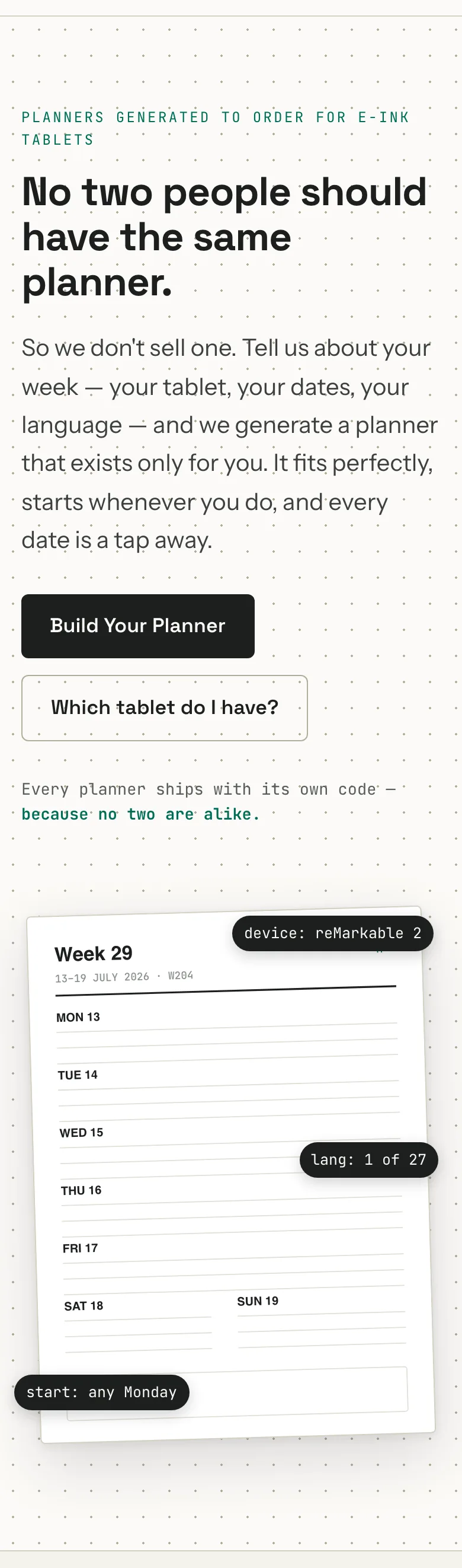 The organize.ink hero: &ldquo;No two people should have the same planner&rdquo;, with a weekly spread shown on an e-ink tablet.