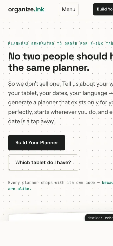 The organize.ink homepage: the headline &lsquo;No two people should have the same planner&rsquo;, a sample weekly spread on a reMarkable tablet, and a bar of counted figures.