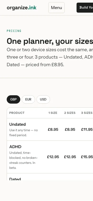 The organize.ink pricing page, showing what a generated planner costs.