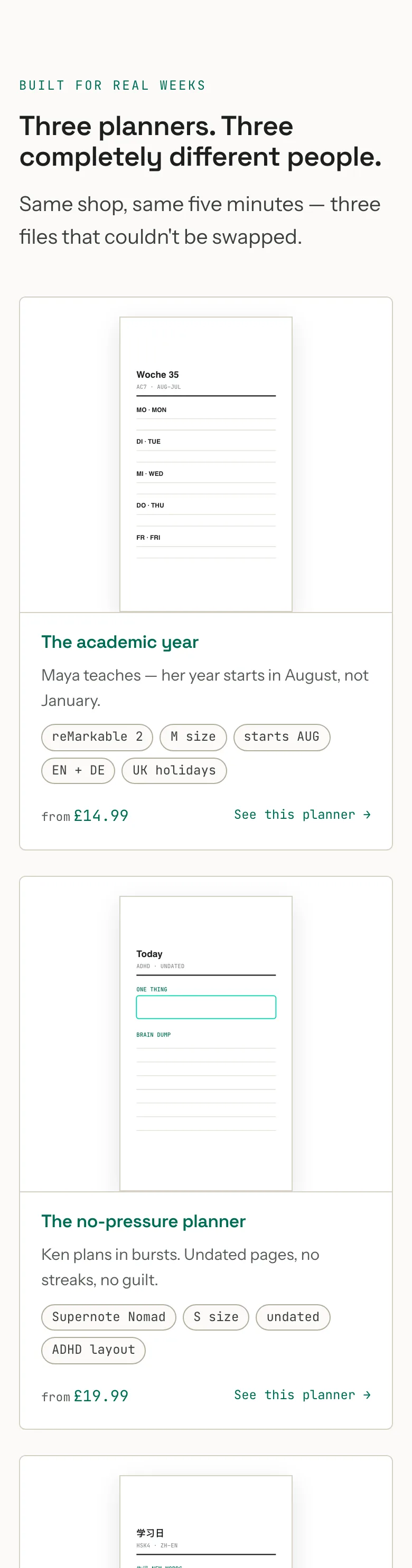 Three example planners side by side &mdash; an academic year, an undated no-pressure layout, and a bilingual study companion &mdash; each with its device, size and language.