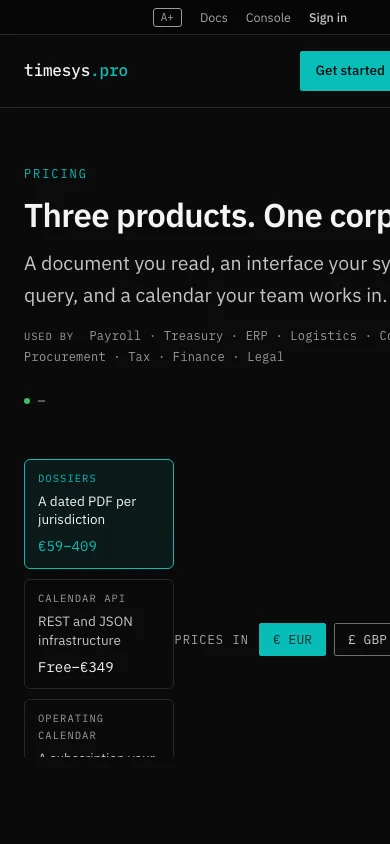 The timesys.pro pricing page, showing the tiers for API, calendar and dossier access.