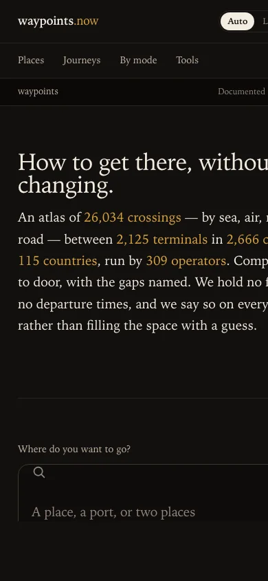 waypoints.now homepage: the headline &lsquo;How to get there, without changing&rsquo;, a search field, and three statistics cards.