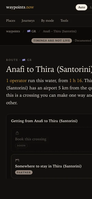 A single route page, Anafi to Thira, listing every operator with a duration bar, and marking one operator&rsquo;s crossing time as not held.